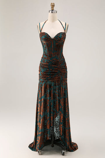 Mörkgrön Spaghetti Remmar Burnout Sammet Korsett Rynkad Brudtärna Klänning